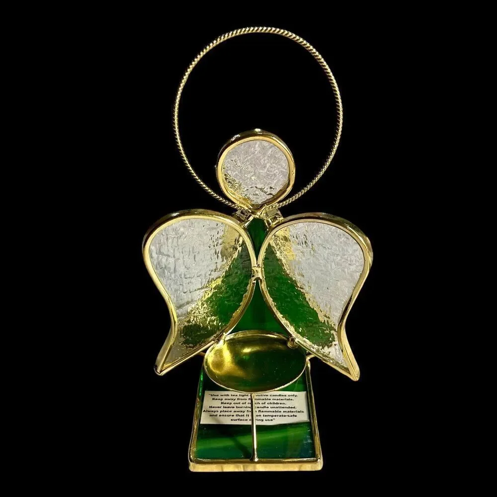 VTG Stained Glass Green & Gold Tone Metal Angel Tealight Votive Candle Holder